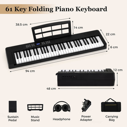 61-Key Foldable Piano Keyboard Full-size Electronic Keyboard with MIDI and Split Function-Black
