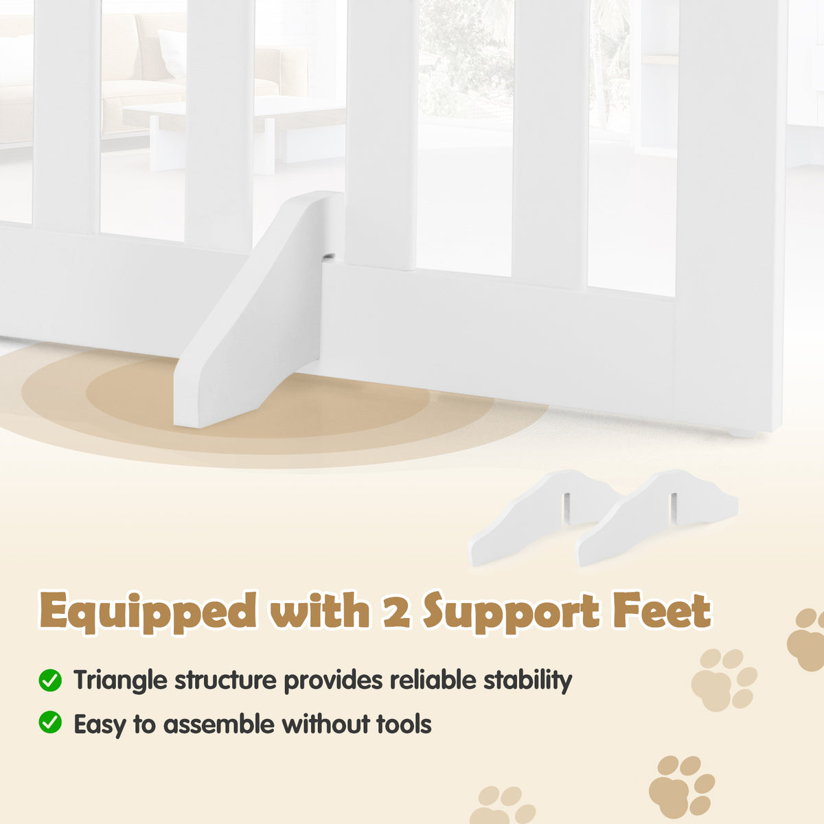 The pet gate close-up showing one of the support feet attached to the base of the frame