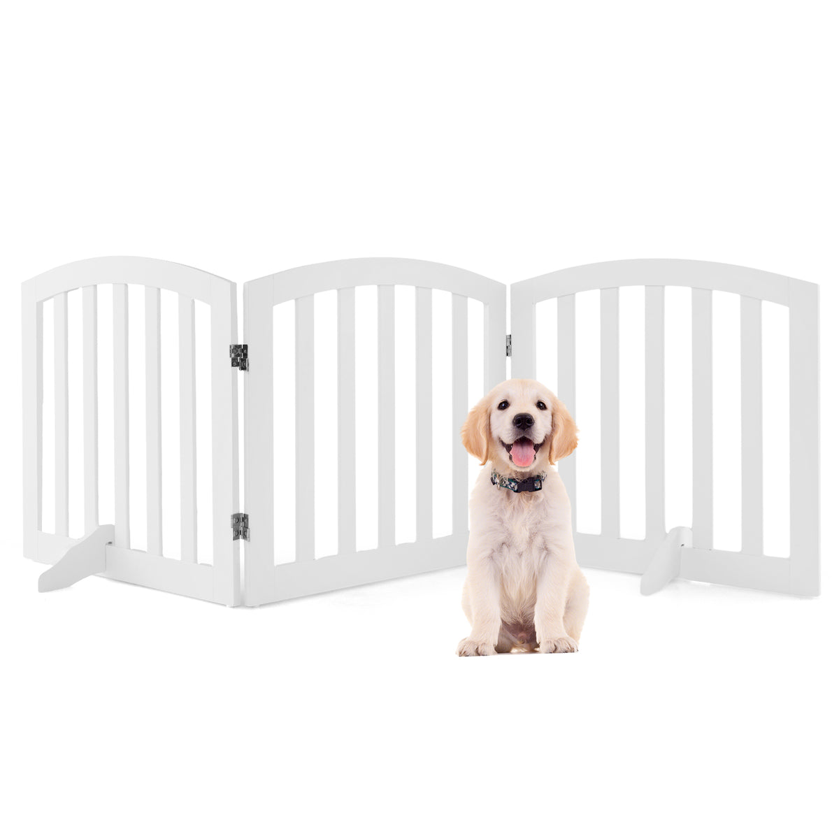61 cm Height Safety Fence with a puppy sitting in front of the white three-panel gate