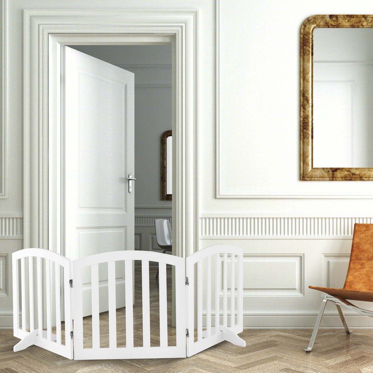 61 cm Height Safety Fence, the pet gate standing in a doorway of a classic white room with wooden flooring