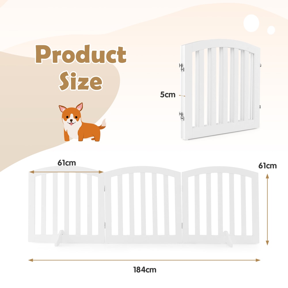 The pet gate shown in a diagram with labels indicating its height and total length