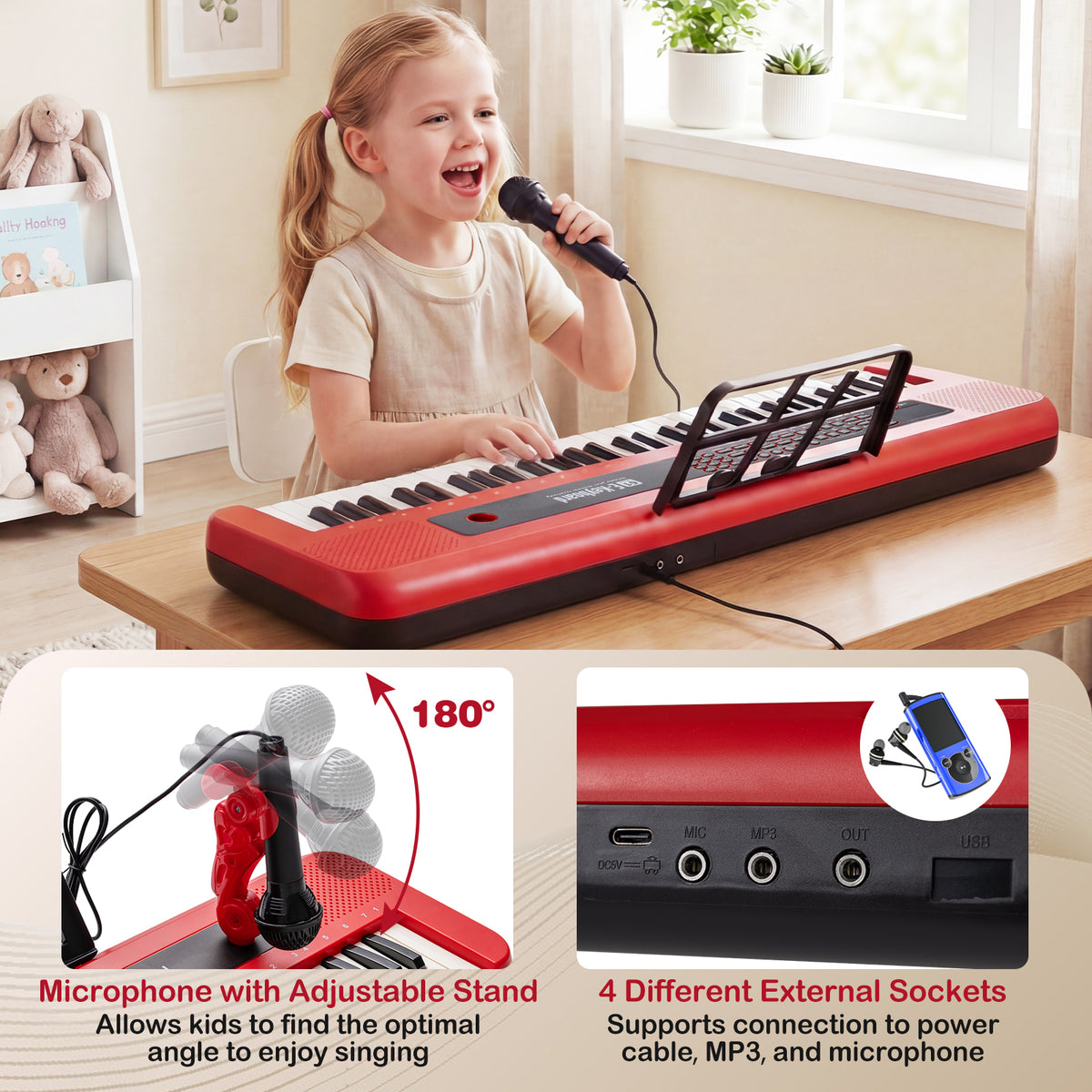 Close up of the red kids electric piano keyboard microphone and connection ports