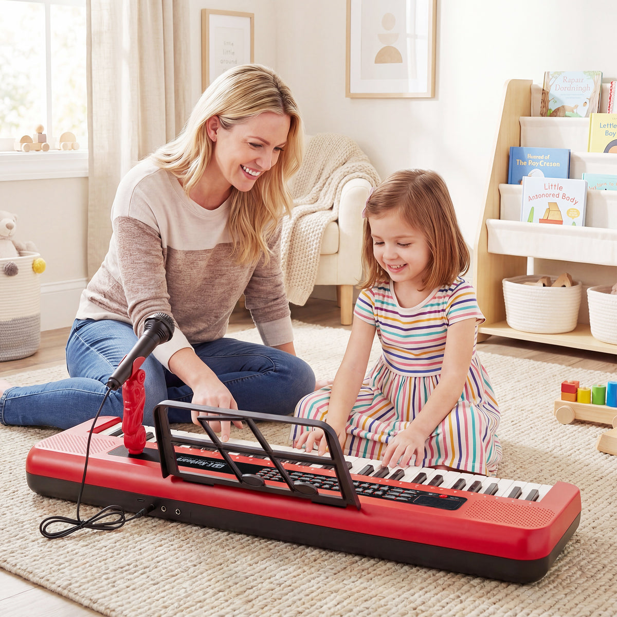 A mother and daughter smiling while looking at the red kids electric piano keyboard