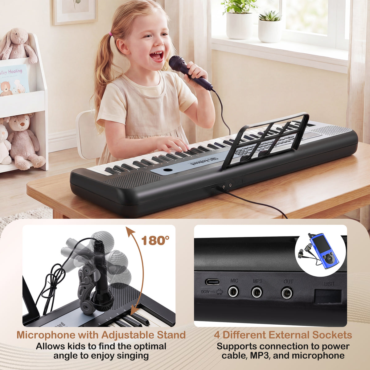 The kids piano keyboard showing the microphone angle and the rear connection ports
