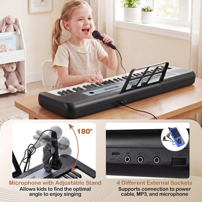 The kids piano keyboard showing the microphone angle and the rear connection ports