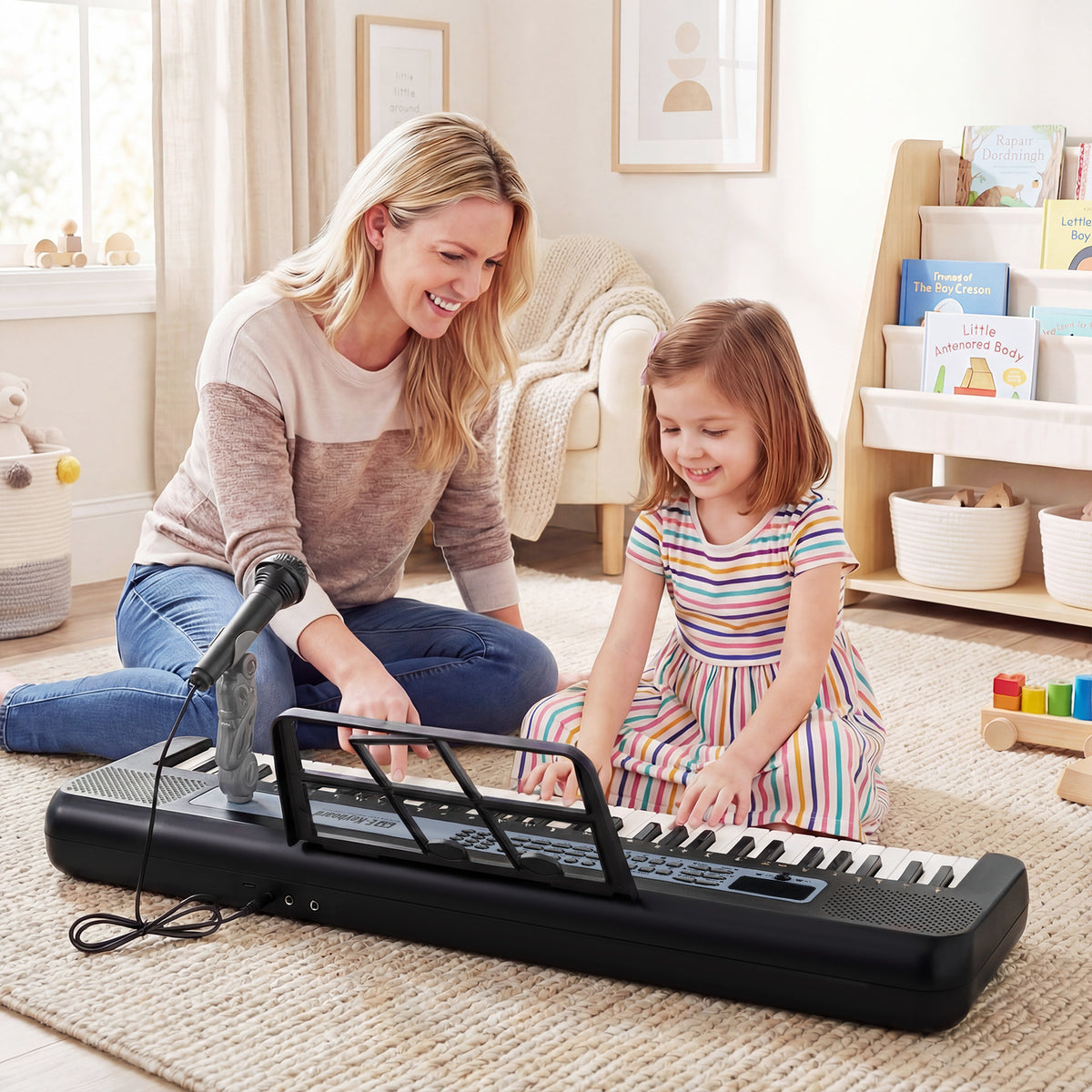 An adult and a child sitting on a rug playing the black kids piano keyboard