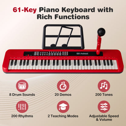 Top view of the red 61-key piano keyboard showing its functions and features
