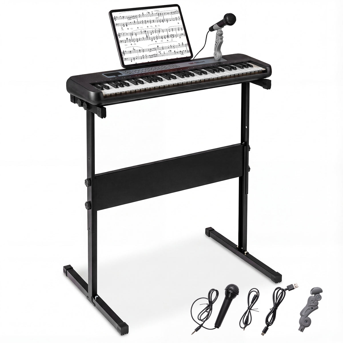 61 Keys Kids Piano Keyboard on a black stand with a microphone and cables on a white background