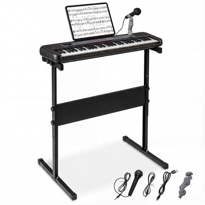61 Keys Kids Piano Keyboard on a black stand with a microphone and cables on a white background