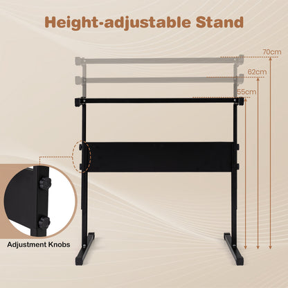 The metal stand showing different height levels and close-up of the adjustment knobs