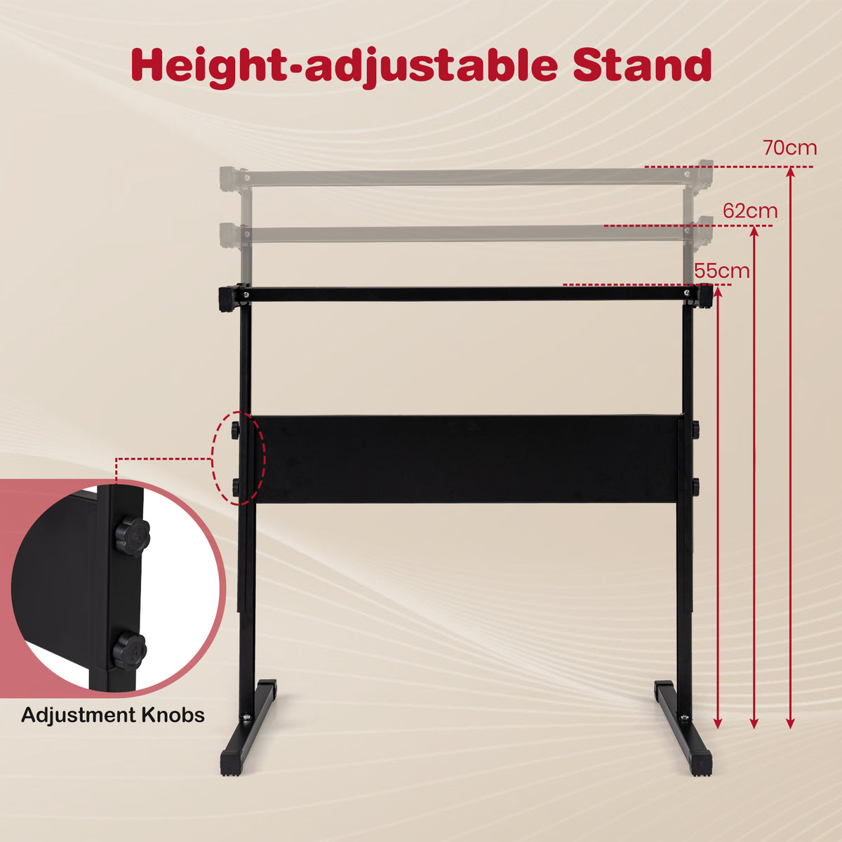 Diagram showing the height adjustment of the piano keyboard stand with measurement markers