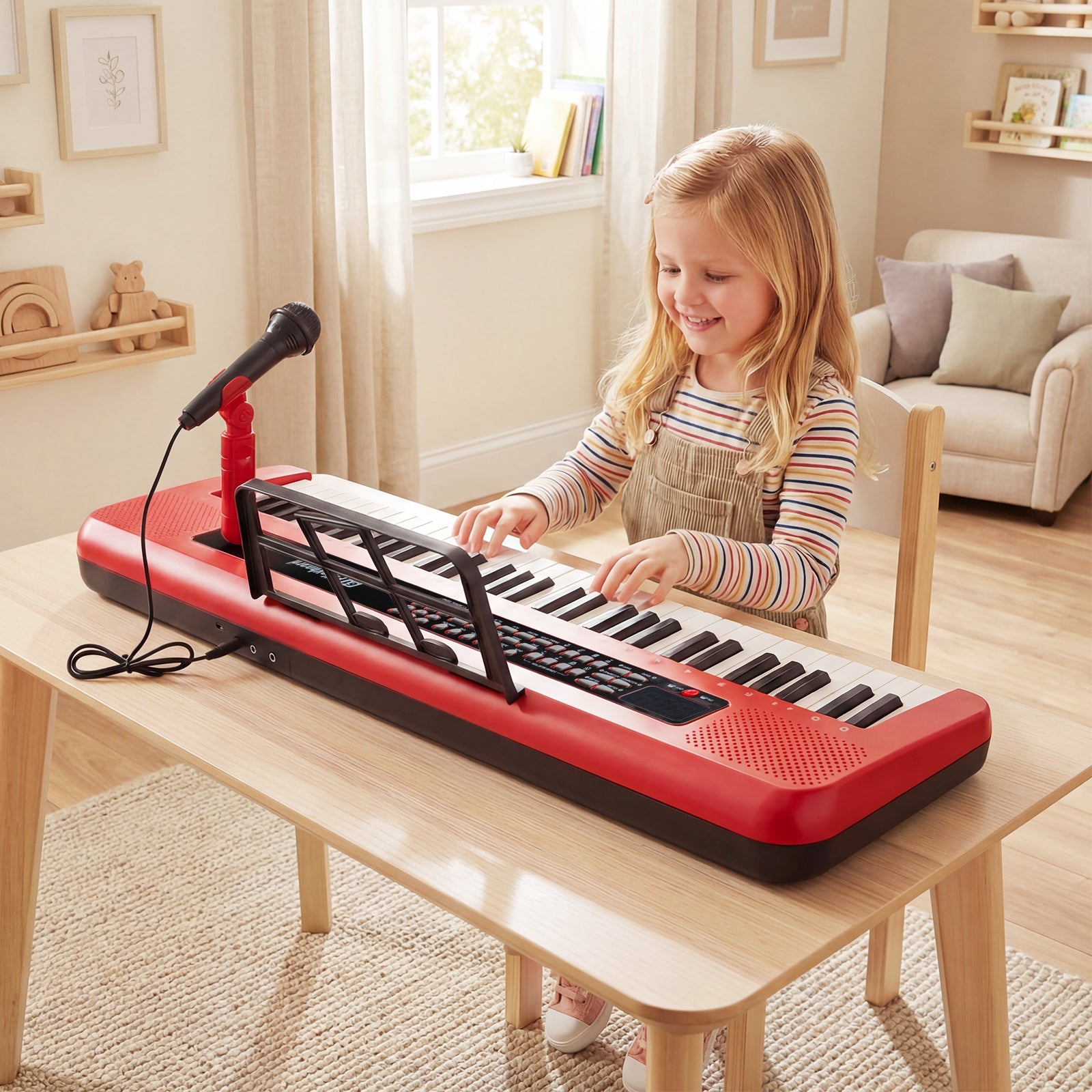 61 Keys Kids Piano Keyboard with Adjustable Stand for Aged 3+ Years Old-Red