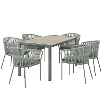 Outsunny Rattan Dining Set, 6 Seater Rattan Garden Furniture Set with Acacia Wood Top Rectangle Table, 6 Chairs, Washable Seat Cushions, for Outdoor, Patio, Conservatory, Grey