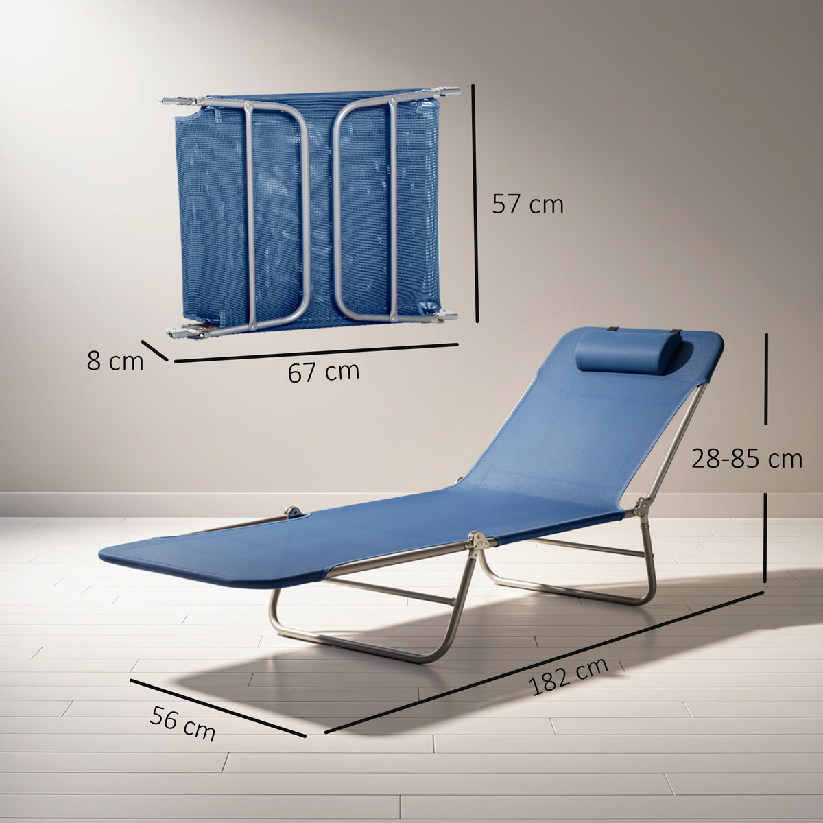 Outsunny Folding Sun Lounger with Head Pillow in Dark Blue