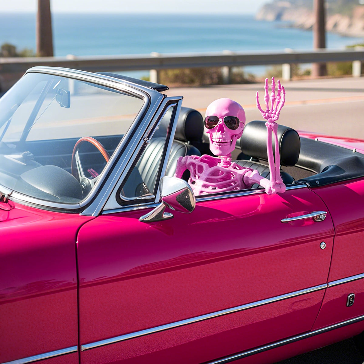 The Halloween skeleton decoration sitting in the passenger seat of a pink convertible car