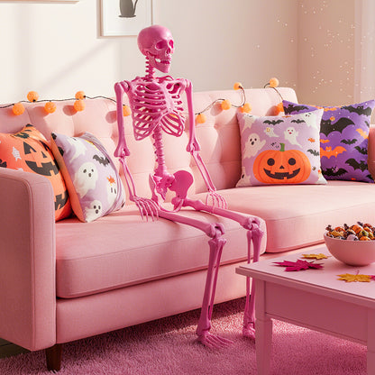 The Halloween skeleton decoration sitting on a pink sofa with cushions