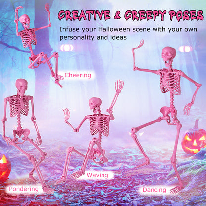 Four pink skeleton decorations in different poses: cheering, waving, pondering, and dancing