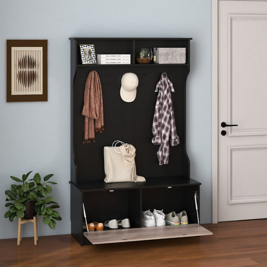 The hall tree placed in a hallway with clothes and shoes stored inside