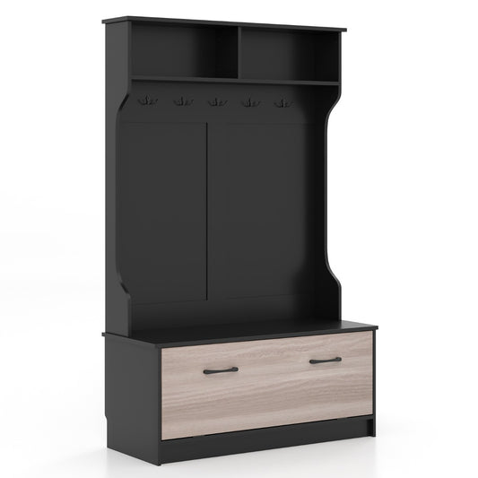 63 Inches Hall Tree with a black frame and a light wood storage bench drawer