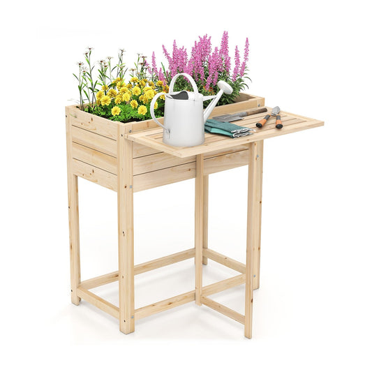 Wooden Raised Garden Bed with legs and a foldable side table, planted with flowers