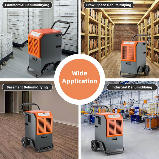 Commercial dehumidifier shown in four different room settings: warehouse, cellar, basement and factory