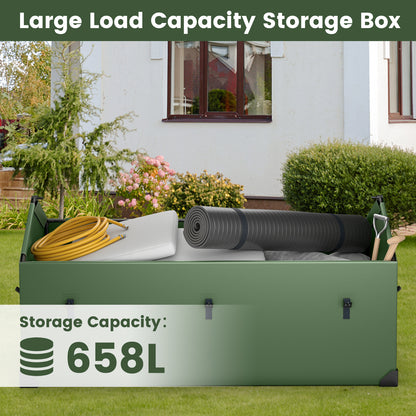 The green outdoor storage box, open and filled with items, with text indicating its 658L capacity