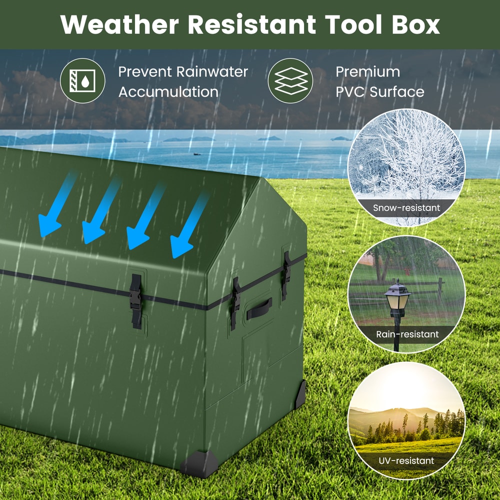 Collage showing the green outdoor storage box with text about its weather-resistant features and different weather conditions