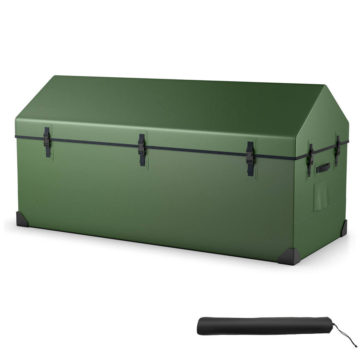 658L Outdoor Storage Box Tarpaulin, a large green outdoor storage box with black clasps and a black rolled-up cover beside it