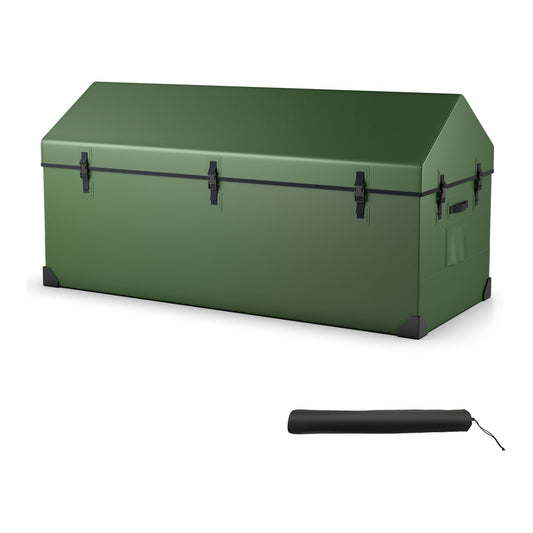 658L Outdoor Storage Box Tarpaulin, a large green outdoor storage box with black clasps and a black rolled-up cover beside it