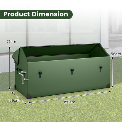A diagram showing the dimensions of the green outdoor storage box, with measurements for length, width, and height