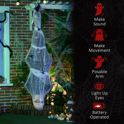 HOMCOM 4.7ft Life Size Outdoor Halloween Decoration Hanging Mummy with Spider Web, Animated Prop Decor with Sound and Motion Activated, Light Up Eyes, Howling Sound, Posable Arms, Moving Body