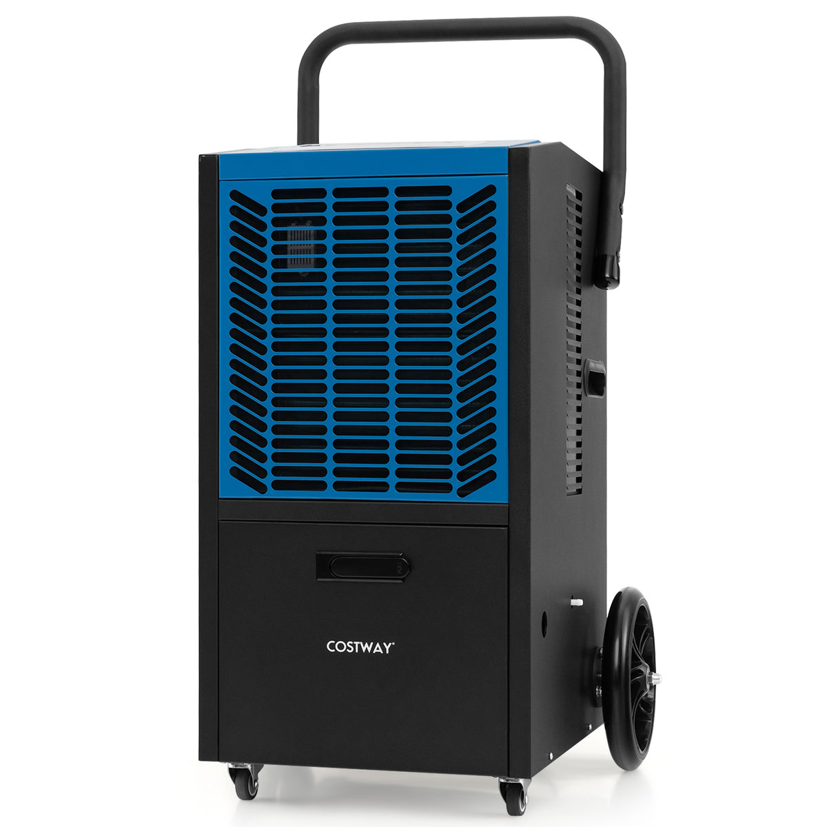 Commercial dehumidifier with a blue grille and black casing, showing the side panel