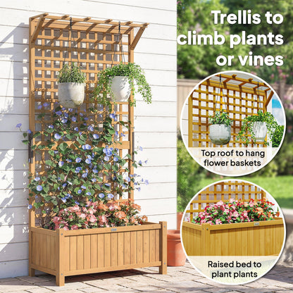 Outsunny Raised Bed with Drainage Holes, Wood Planter with Trellis for Climbing Plants to Grow Vegetables, Flowers, Yellow