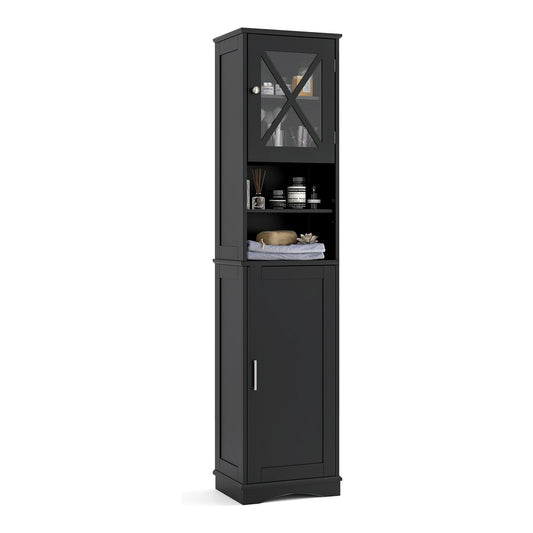 67 Inch Floor Storage Bathroom Cabinet in black, a tall narrow unit with a glass-fronted top section and a solid door below