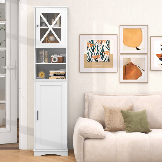 The floor cabinet standing in a living room next to a sofa with framed wall art