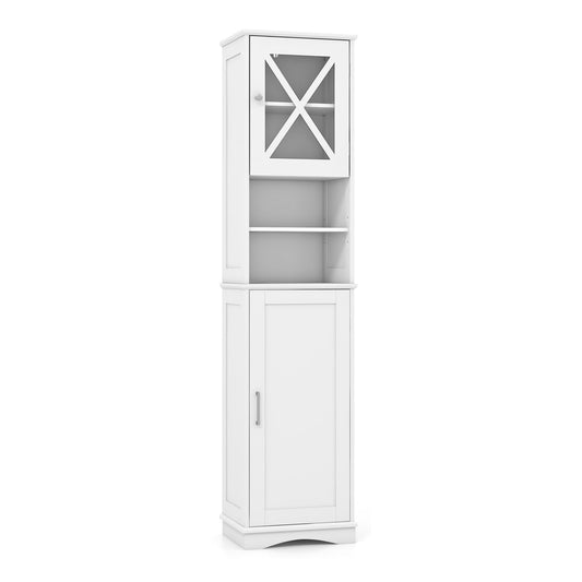 67 Inch Floor Storage Bathroom Cabinet in white with a glass door and open middle shelf