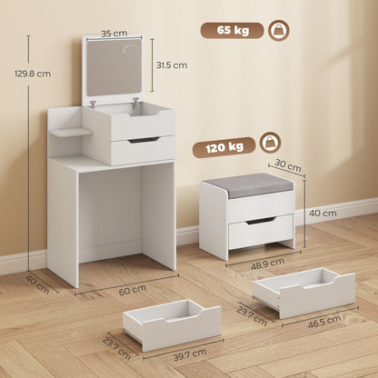 HOMCOM Vanity Desk Flip Top Hidden Mirror Vanity Rolling Stool Open Shelf White Wood Effect