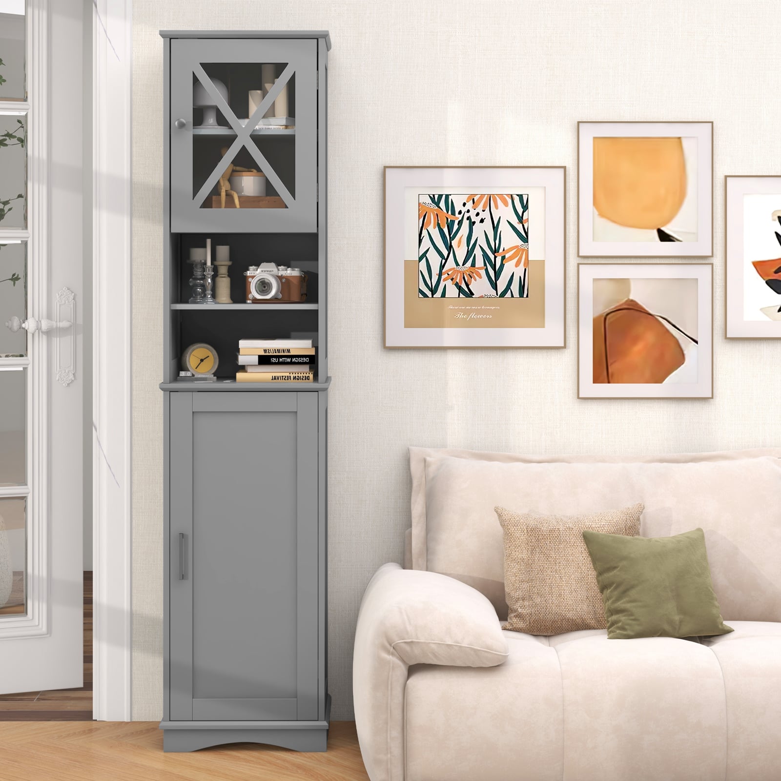 67 Inch Floor Storage Bathroom Cabinet with 5 Adjustable Shelves-Grey