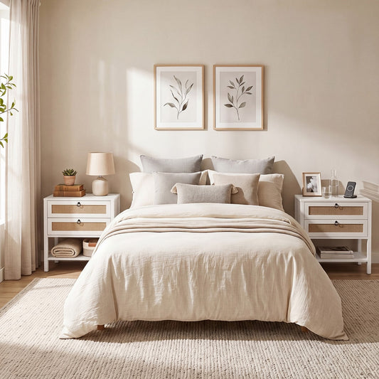 Two white boho rattan nightstands flanking a bed
