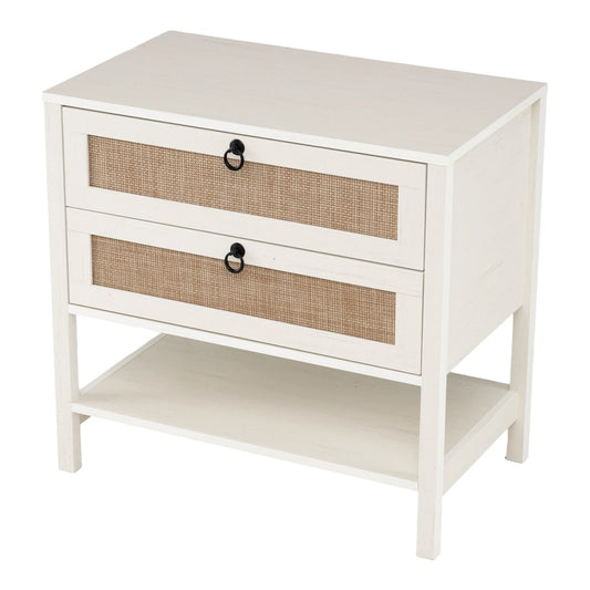 68 cm Wide Boho Rattan Nightstand with two drawers and open shelf in white