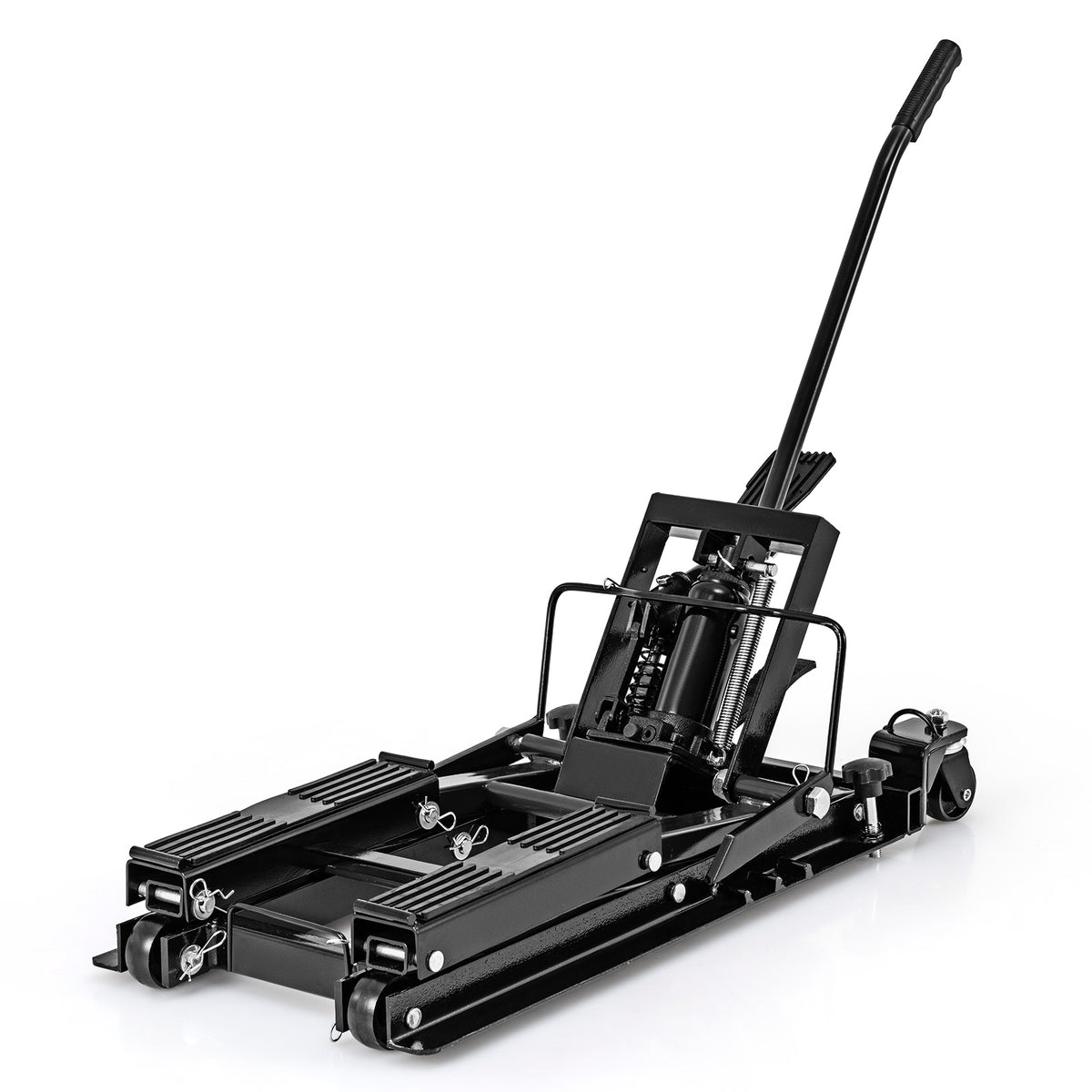 A black hydraulic motorcycle lift shown from a slightly elevated front angle