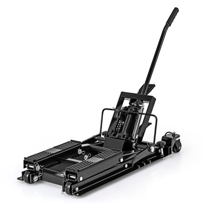 A black hydraulic motorcycle lift shown from a slightly elevated front angle