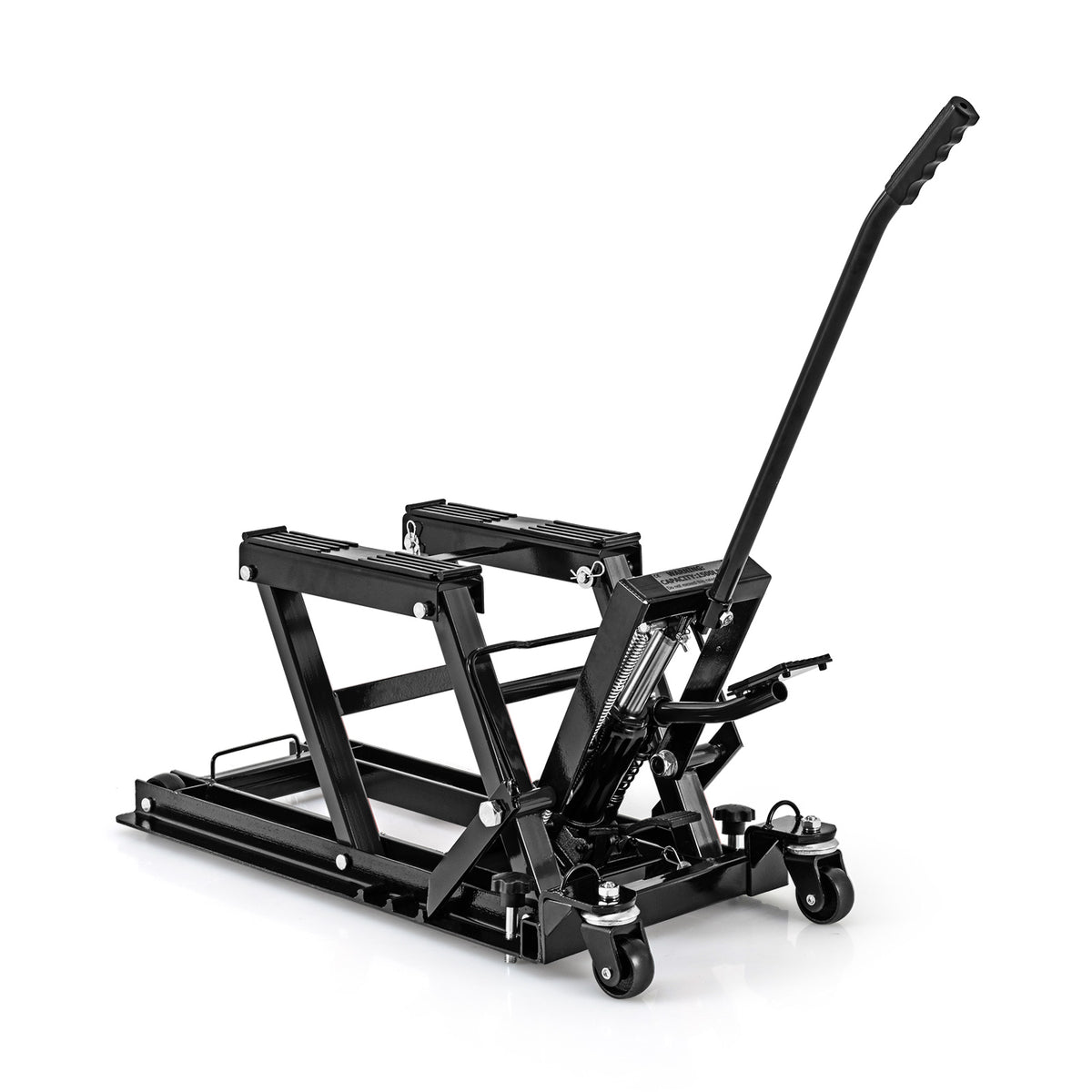 680 kg Motorcycle Hydraulic Lift, a black metal lifting platform with wheels and a handle