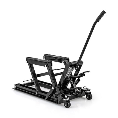 680 kg Motorcycle Hydraulic Lift, a black metal lifting platform with wheels and a handle