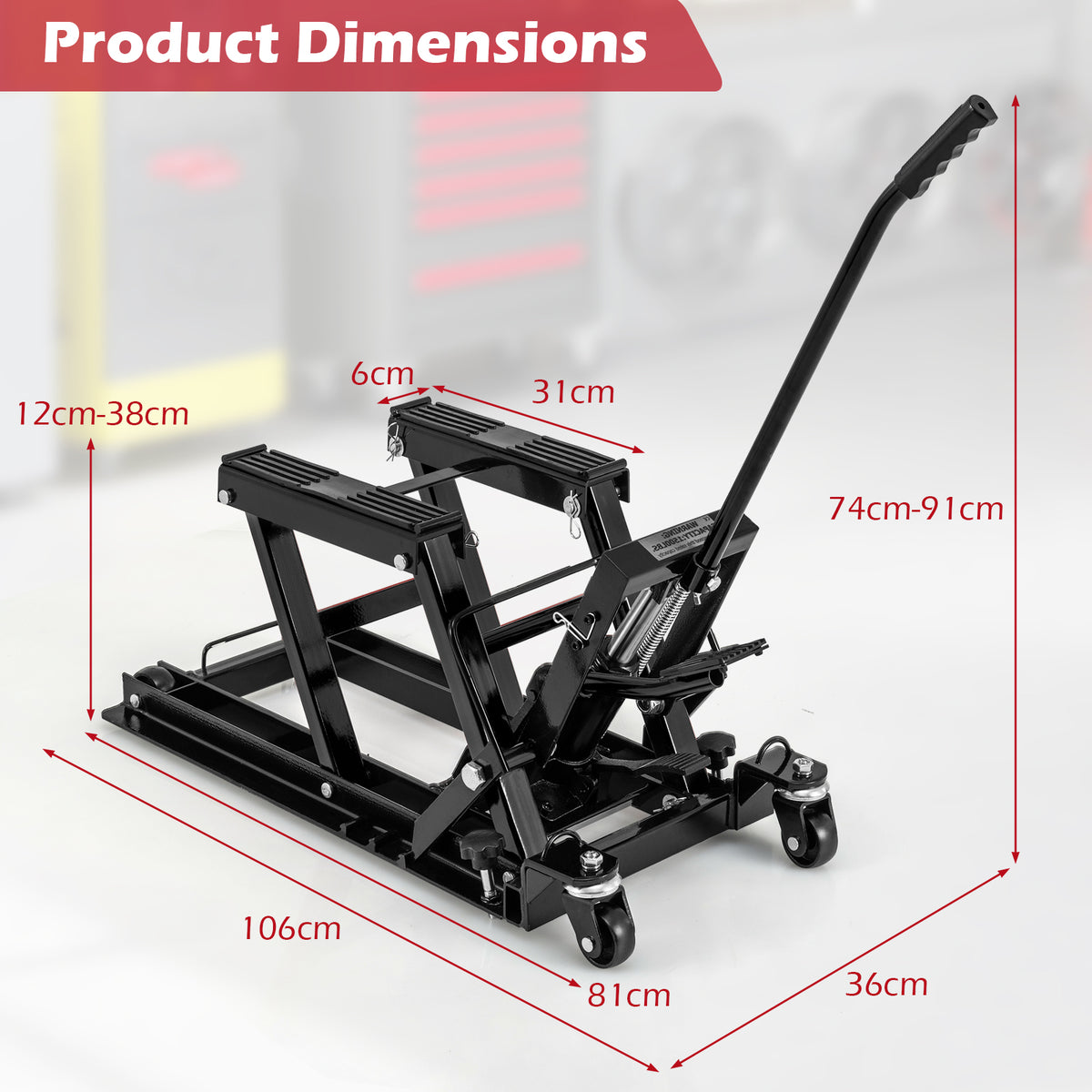 A black hydraulic motorcycle lift with dimensions indicated by red lines and text