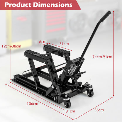 A black hydraulic motorcycle lift with dimensions indicated by red lines and text
