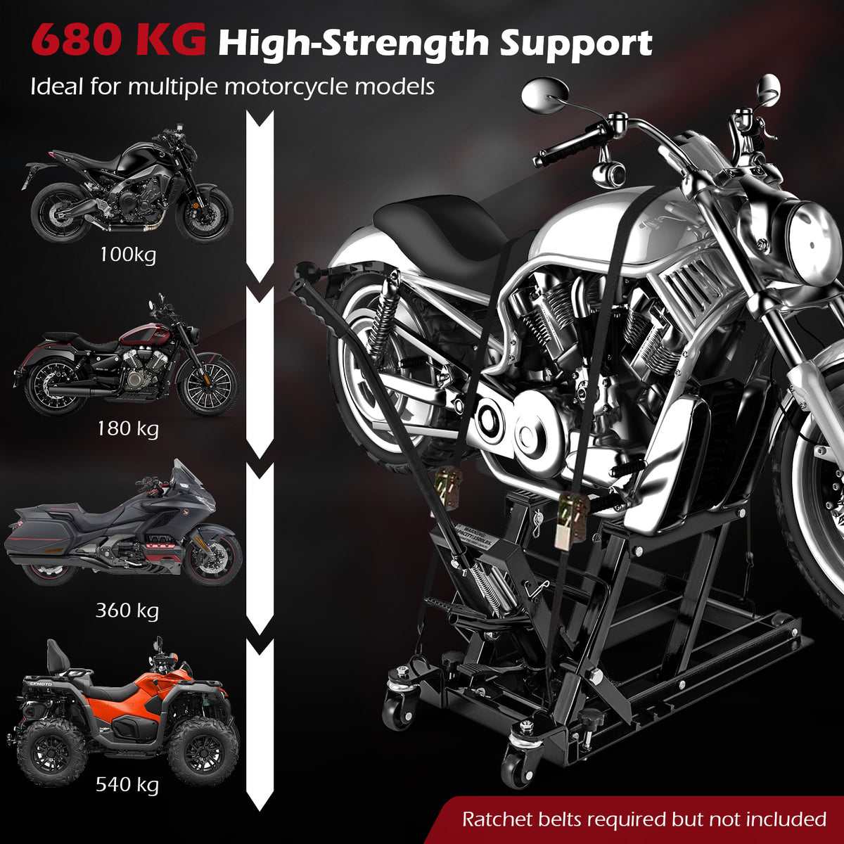 A black hydraulic motorcycle lift supporting a motorcycle, with graphics showing weight capacities