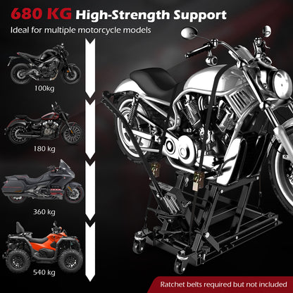 A black hydraulic motorcycle lift supporting a motorcycle, with graphics showing weight capacities