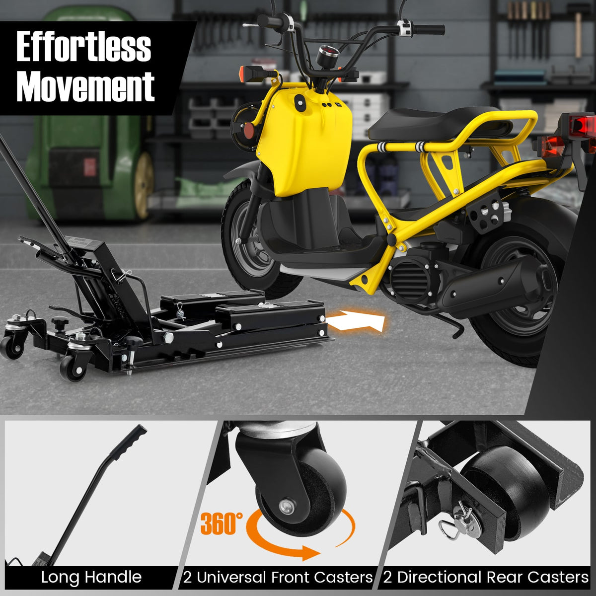 Close up of the motorcycle lift jack showing its wheels and handle