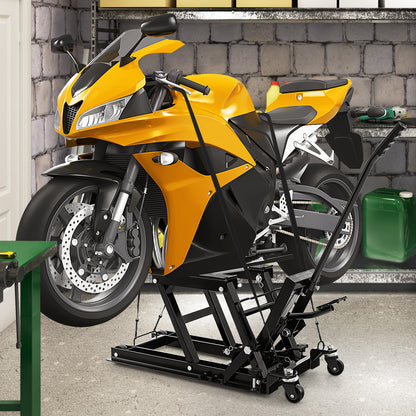 Black motorcycle lift jack holding a yellow motorbike in a garage setting